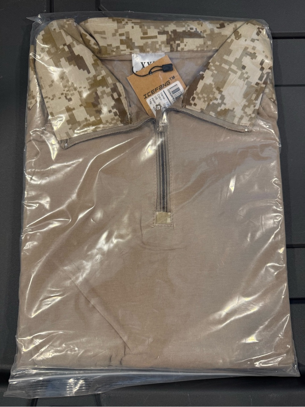 Men's Tan Tactical Zip Polo with Desert Camo Collar